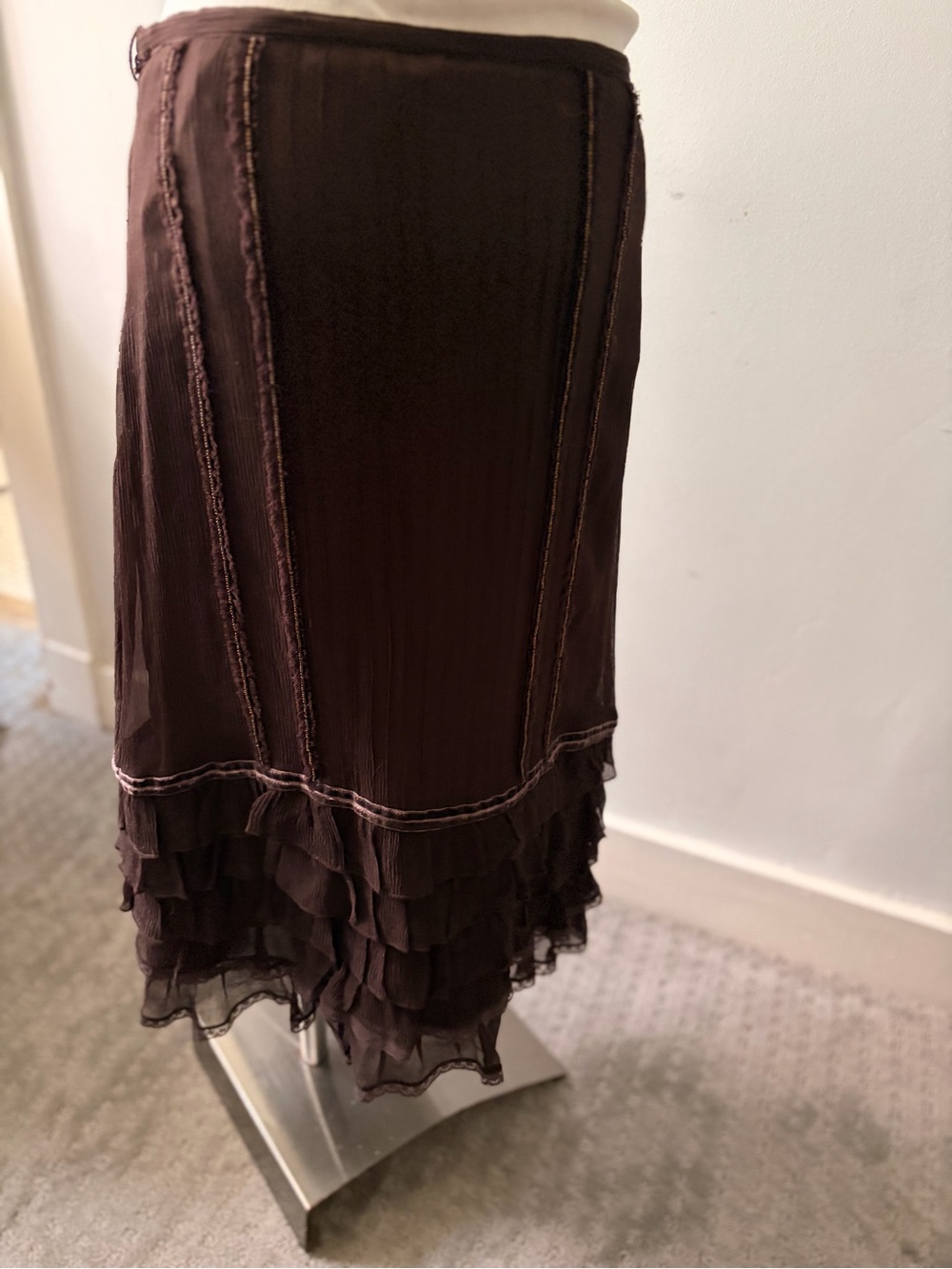 Zara Woman Brown Silk Pleated Ruffle Midi Skirt - Picture 4 of 6